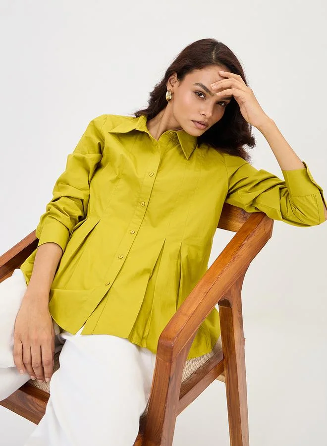 Femmella Citrine Green Poplin Pleated A-Line Shirt