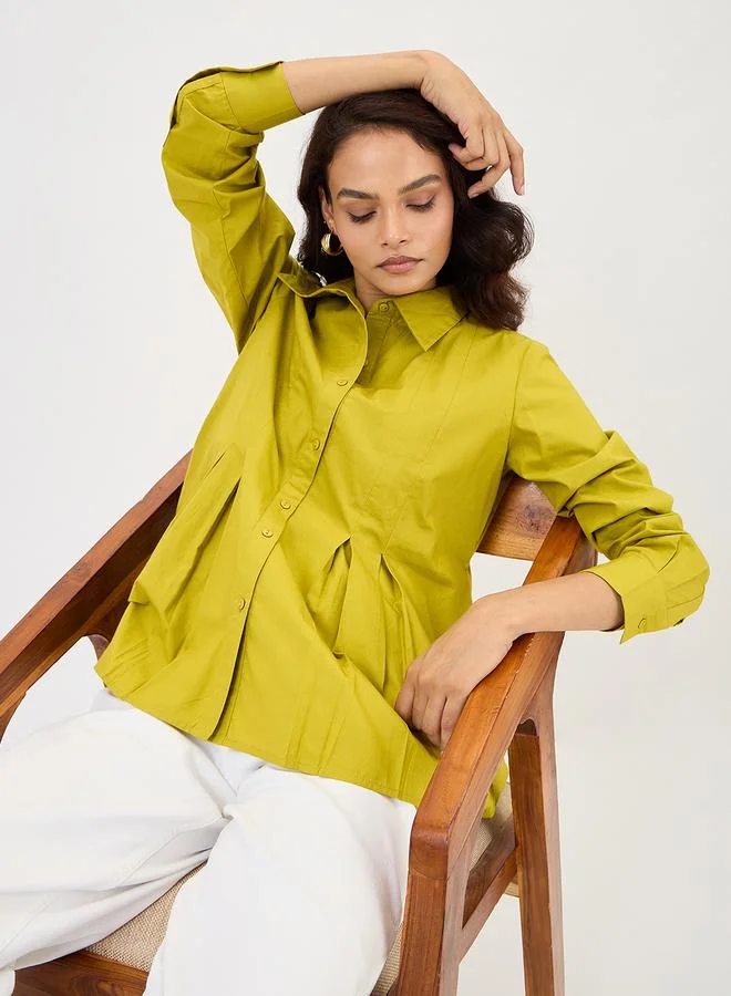 Femmella Citrine Green Poplin Pleated A-Line Shirt