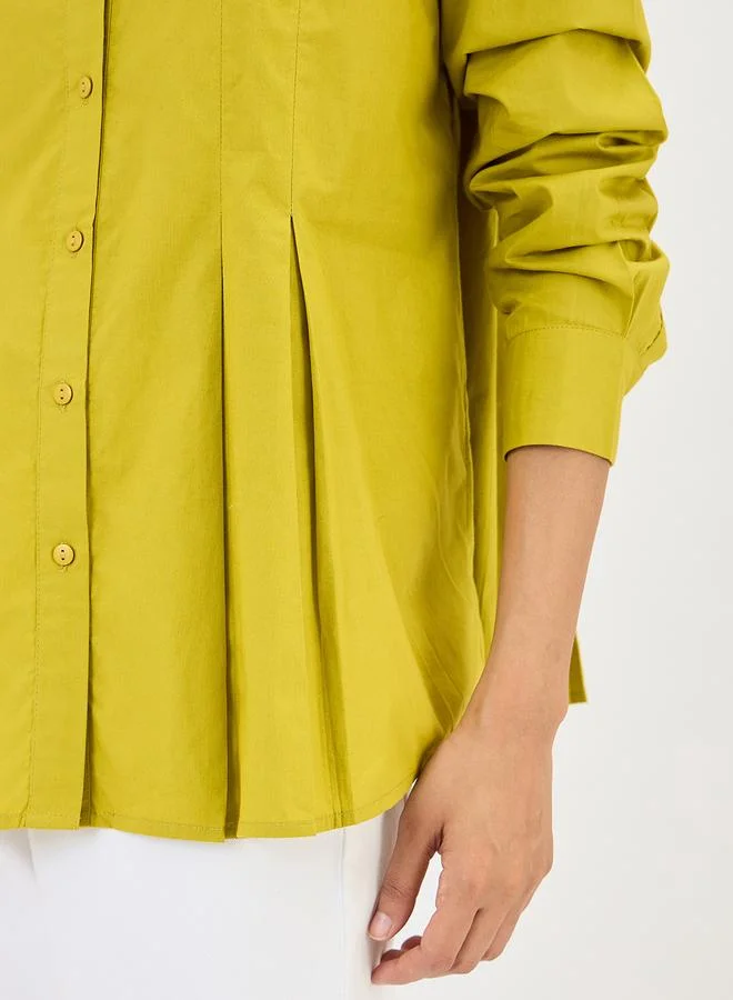 Femmella Citrine Green Poplin Pleated A-Line Shirt