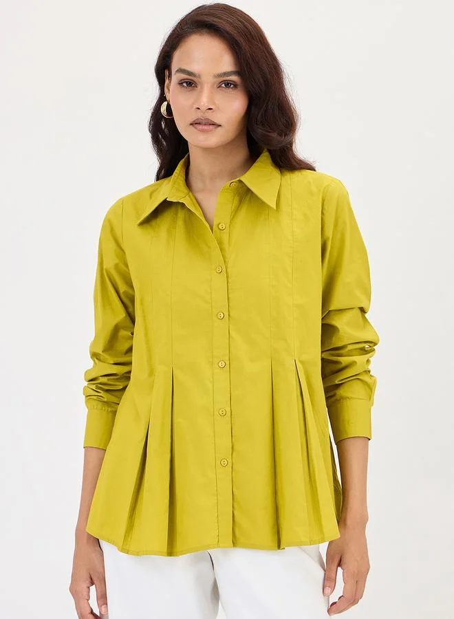 Femmella Citrine Green Poplin Pleated A-Line Shirt