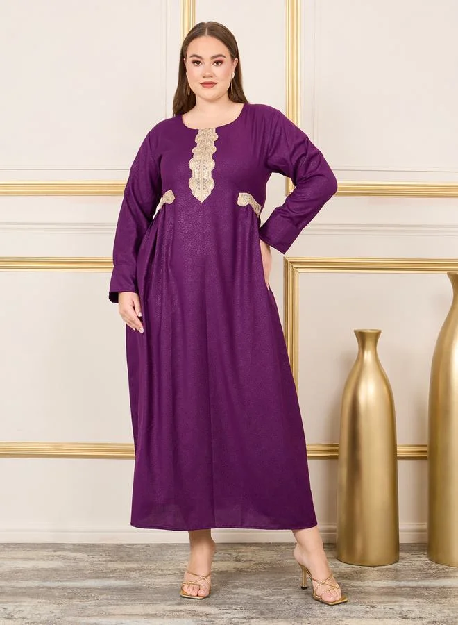 مكسيم كريشن Plus Embroidered Lace Jacquard Print Jalabiya by Styli
