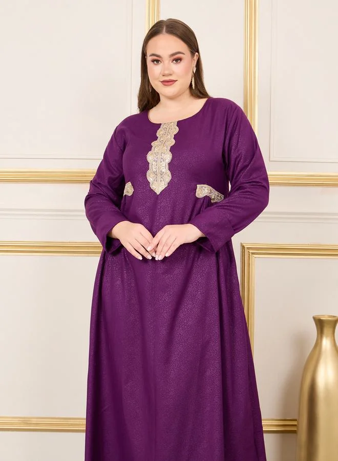 مكسيم كريشن Plus Embroidered Lace Jacquard Print Jalabiya by Styli