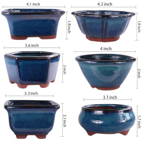 MUZHI 6PACK Glazed Bonsai Pot Planter 3" 4” Small Succulent Pots, Yixing Zisha Decorative Mame Bonsai Training Pot or Small Flower Cactus Starter Growing Planters Containers Blue - Image 3