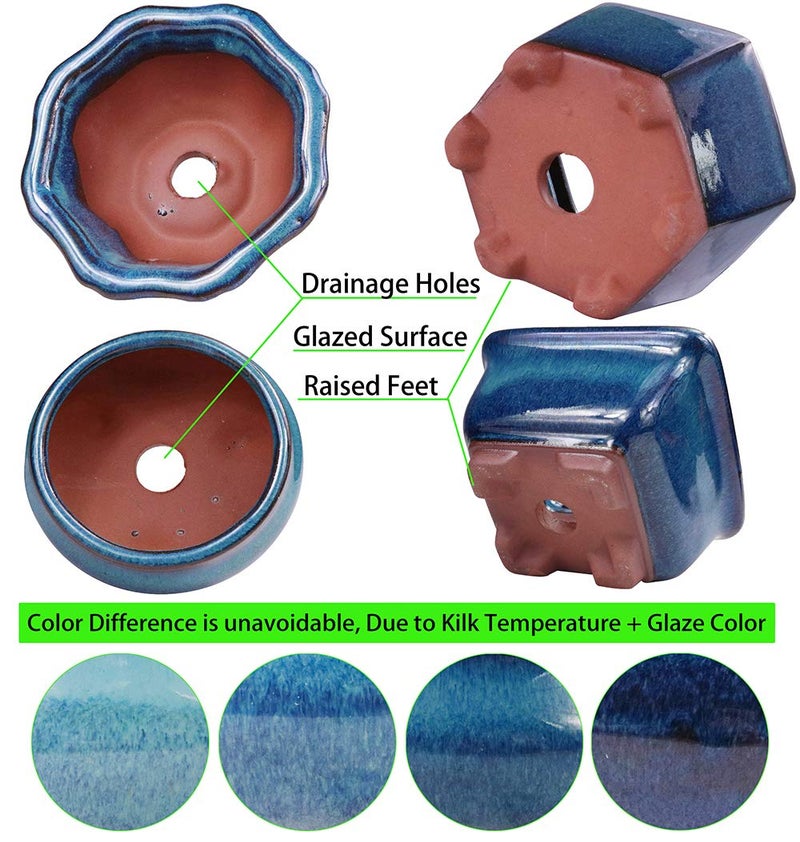 MUZHI 6PACK Glazed Bonsai Pot Planter 3" 4” Small Succulent Pots, Yixing Zisha Decorative Mame Bonsai Training Pot or Small Flower Cactus Starter Growing Planters Containers Blue - Image 4