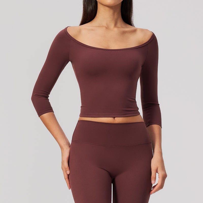 Cross-Border Quick-Dry Five-Quarter Sleeve T-Shirt, Tight-Fit, Waist-Slimming Pilates Workout Top