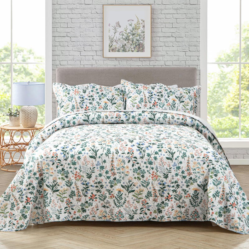 Travan 3-Piece Quilt Set Quilted Bedspread Lightweight Coverlet Set Garden Style Floral Printed Oversized Quilted Bedding Set with Shams for All Season, Exquisite, King Size - Image 1