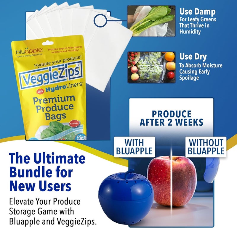 BluApple Produce Saver Ethylene Gas Absorber & VeggieZips Ultimate Starter Pack Bundle - Fresh Vegetables & Fruits Saver, Produce Storage, Fruits & Veggies Keepers for Refrigerator, Regulates Humidity - Image 4