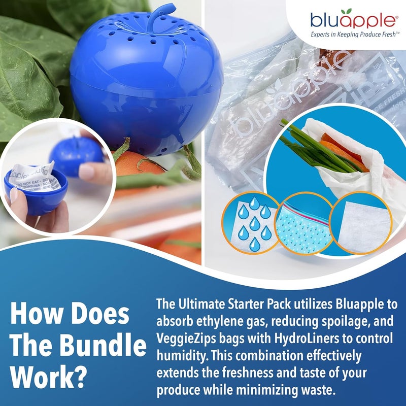 BluApple Produce Saver Ethylene Gas Absorber & VeggieZips Ultimate Starter Pack Bundle - Fresh Vegetables & Fruits Saver, Produce Storage, Fruits & Veggies Keepers for Refrigerator, Regulates Humidity - Image 3