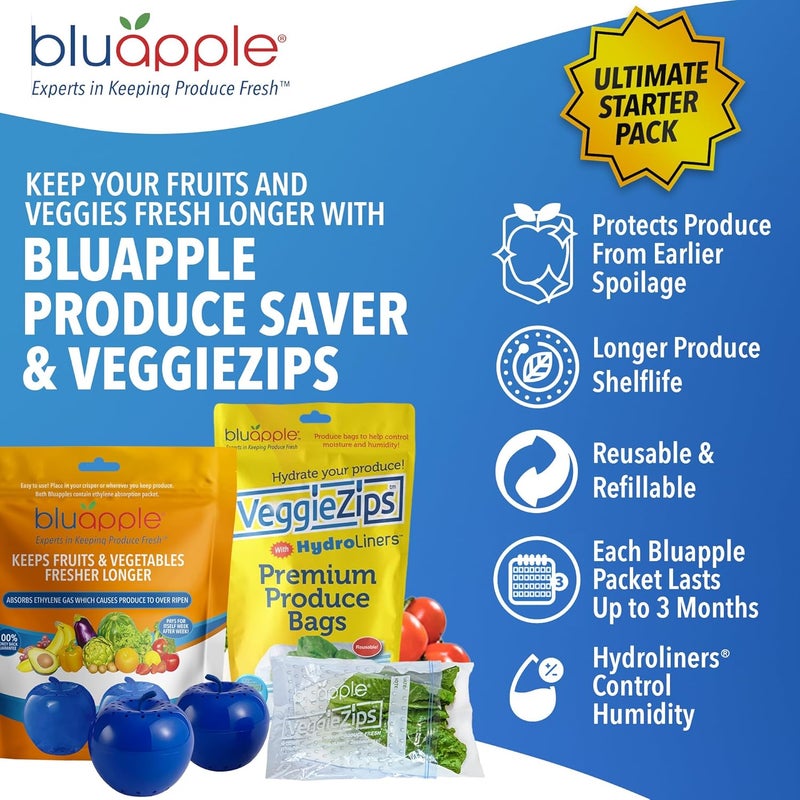 BluApple Produce Saver Ethylene Gas Absorber & VeggieZips Ultimate Starter Pack Bundle - Fresh Vegetables & Fruits Saver, Produce Storage, Fruits & Veggies Keepers for Refrigerator, Regulates Humidity - Image 2