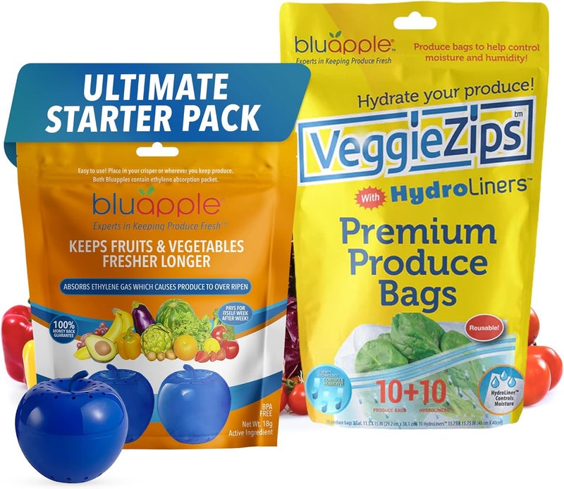 BluApple Produce Saver Ethylene Gas Absorber & VeggieZips Ultimate Starter Pack Bundle - Fresh Vegetables & Fruits Saver, Produce Storage, Fruits & Veggies Keepers for Refrigerator, Regulates Humidity - Image 1