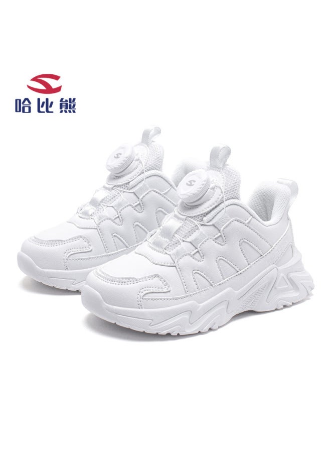 Habib Bear Children's Leather White Shoes Autumn Boys And Girls Rotating Buttons All White Running Shoes A Generation Of Hair
