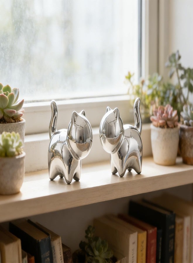 HORTIX 2-Pack Small Ceramic Cat Statues, 3 Inch Cute Kitty Knick Knacks for Home Office Shelf Desk Coffee Table Decoration, Housewarming Gift, Silver - Image 4