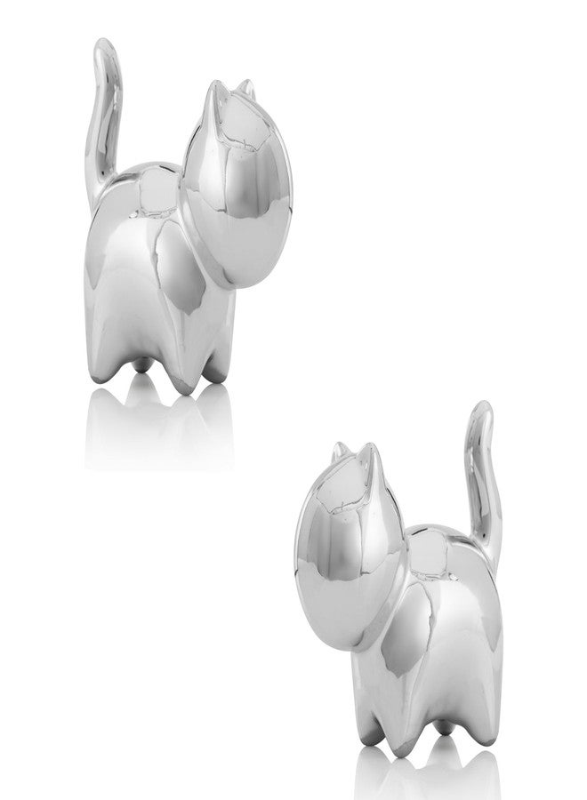 HORTIX 2-Pack Small Ceramic Cat Statues, 3 Inch Cute Kitty Knick Knacks for Home Office Shelf Desk Coffee Table Decoration, Housewarming Gift, Silver - Image 1