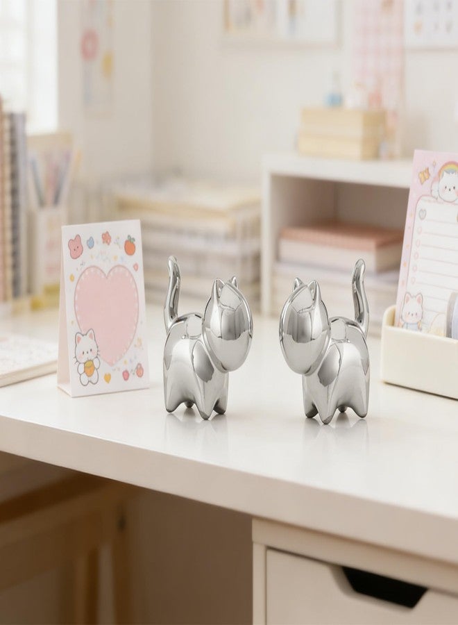 HORTIX 2-Pack Small Ceramic Cat Statues, 3 Inch Cute Kitty Knick Knacks for Home Office Shelf Desk Coffee Table Decoration, Housewarming Gift, Silver - Image 3