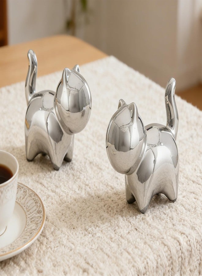 HORTIX 2-Pack Small Ceramic Cat Statues, 3 Inch Cute Kitty Knick Knacks for Home Office Shelf Desk Coffee Table Decoration, Housewarming Gift, Silver - Image 2