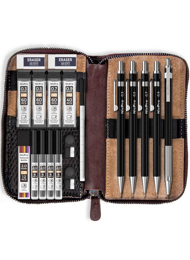 Nicpro مجموعة أقلام رصاص ميكانيكية معدنية سوداء 20 قطعة في علبة جلدية 0.3 0.5 0.7 0.9 مم و 2 مم حوامل أقلام رصاص (4B 2B Hb 2H) إعادة تعبئة الرصاص (أسود وألوان) ممحاة للرسم والتخطيط والتخطيط والرسم - Image 1