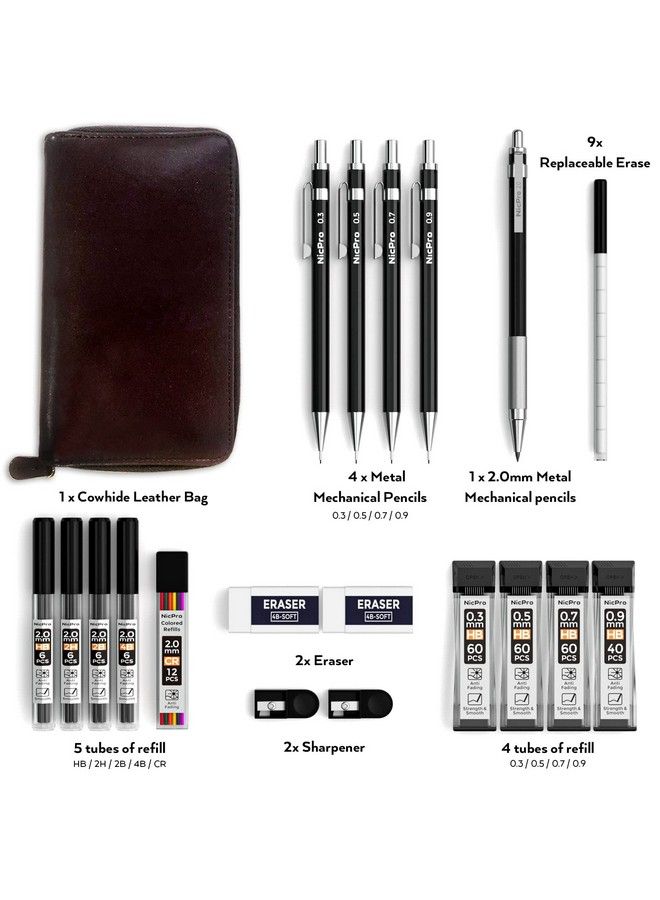 Nicpro مجموعة أقلام رصاص ميكانيكية معدنية سوداء 20 قطعة في علبة جلدية 0.3 0.5 0.7 0.9 مم و 2 مم حوامل أقلام رصاص (4B 2B Hb 2H) إعادة تعبئة الرصاص (أسود وألوان) ممحاة للرسم والتخطيط والتخطيط والرسم - Image 3