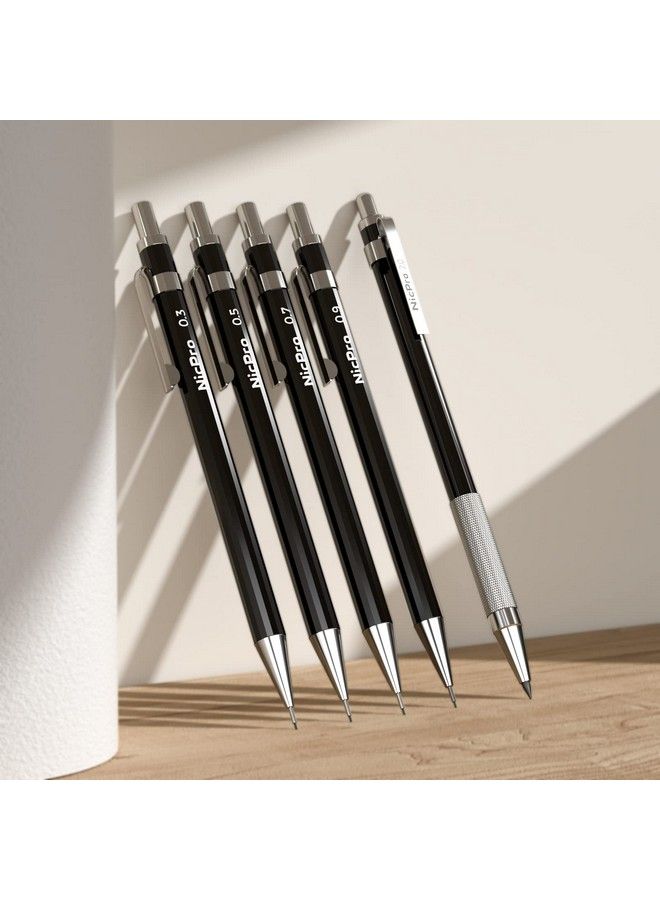 Nicpro مجموعة أقلام رصاص ميكانيكية معدنية سوداء 20 قطعة في علبة جلدية 0.3 0.5 0.7 0.9 مم و 2 مم حوامل أقلام رصاص (4B 2B Hb 2H) إعادة تعبئة الرصاص (أسود وألوان) ممحاة للرسم والتخطيط والتخطيط والرسم - Image 4