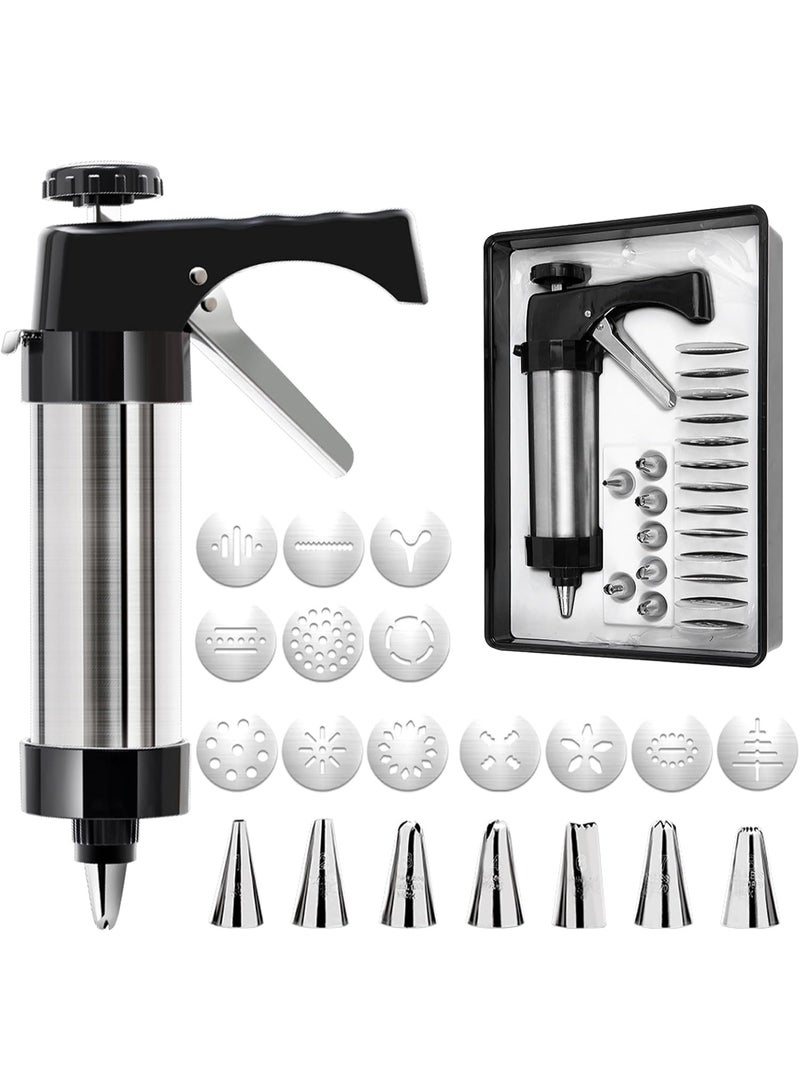 Cookie Press for Baking, Churro Maker Machine, Stainless Steel Spritz Cookie Press Gun kits with 13 Cookie Discs 8 Piping Tips, for Home DIY Biscuit Maker and Cake Icing Decoration - Image 1