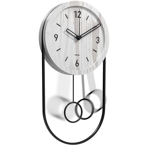 Driini Decorative Wall Clock with Pendulum White Modern Wood 3D Gold Numbers Metal Frame Small Unique Wall Clocks for Living Room Decor or Bathroom Battery Operated Silent NonTicking - Image 1