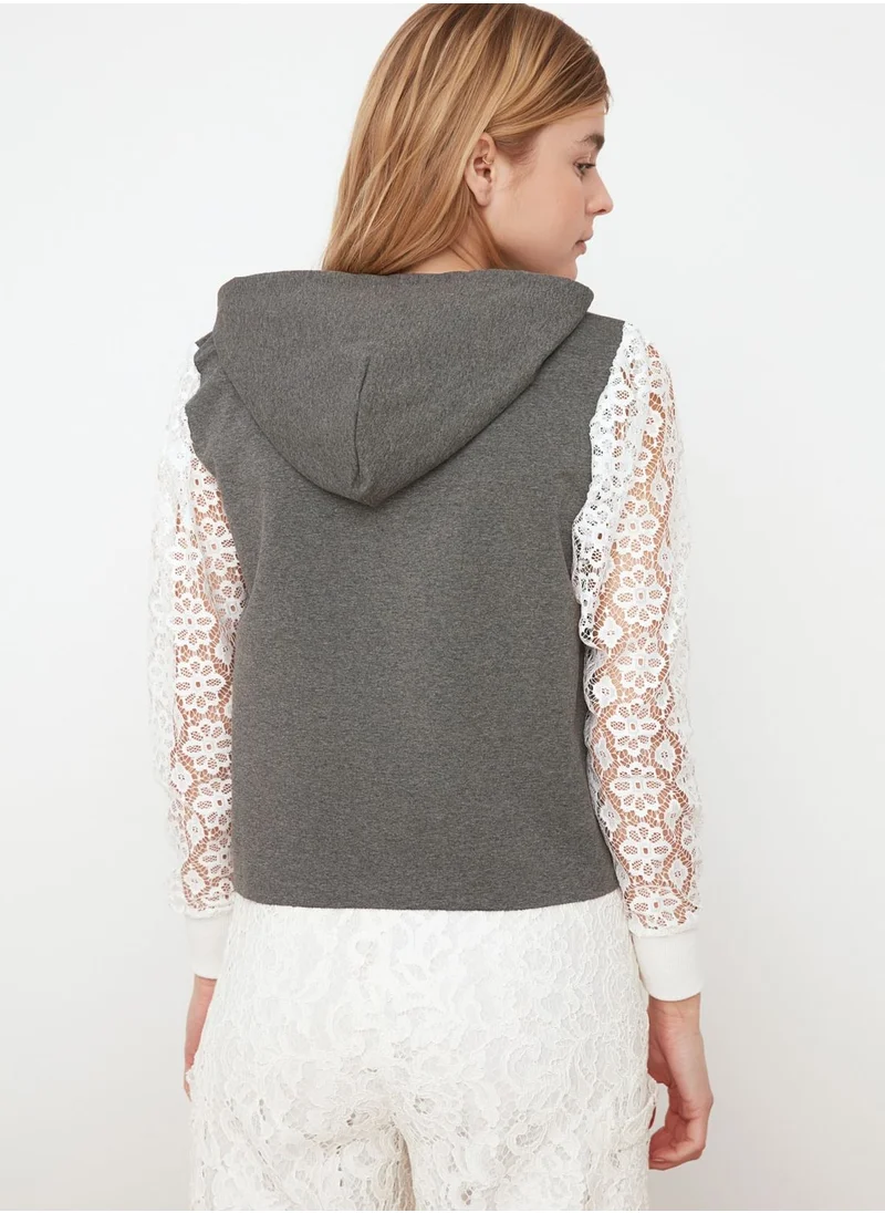 trendyol Mesh Detail Knitted Hoodie