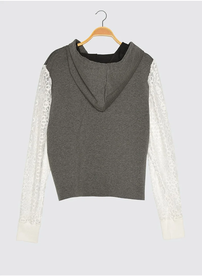 trendyol Mesh Detail Knitted Hoodie
