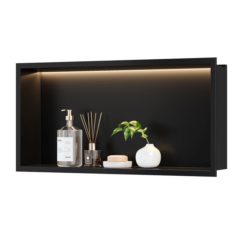 نيش دش من الفولاذ المقاوم للصدأ Qeke 24 × 12 بدون حاجة لبلاط مع إضاءة LED غير قابلة للتعتيم نيش دش مدمج للإضاءة لتخزين الحمام تركيب فوق السطح باللون الأسود غير اللامع