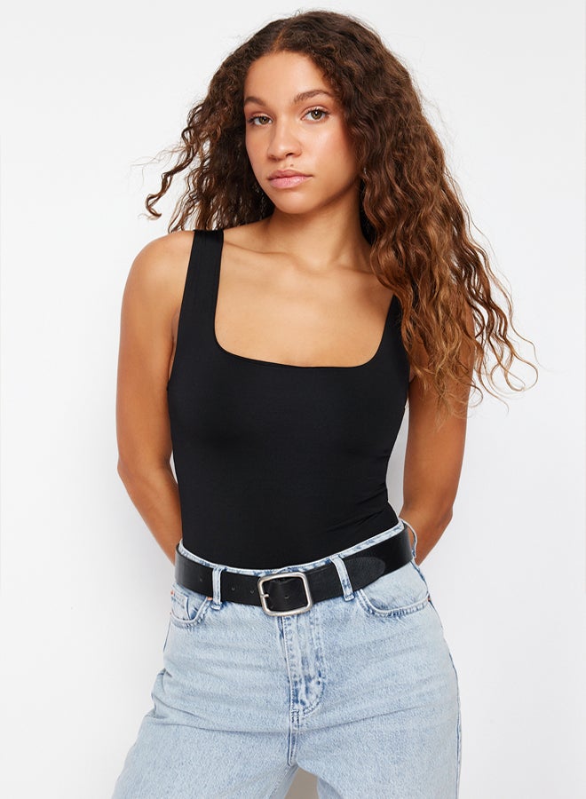 trendyol Black Fitted/Sticky Back Detailed Square Neck Snaps Elastic Knitted Bodysuit - Image 1