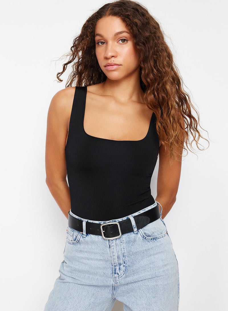 trendyol Black Fitted/Sticky Back Detailed Square Neck Snaps Elastic Knitted Bodysuit - Image 1