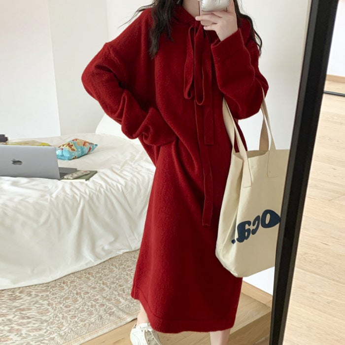 Korean Style Loose dress Womens Autumn and Winter Thickened Hooded Knitwear Western Style Wool Group Base Shirt Sweater Skirt Coat Red - Image 1