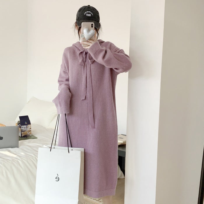 Korean Style Loose dress Womens Autumn and Winter Thickened Hooded Knitwear Western Style Wool Group Base Shirt Sweater Skirt Coat Red - Image 4