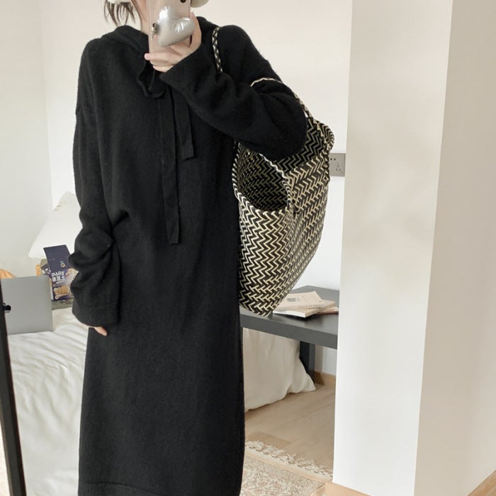 Korean Style Loose dress Womens Autumn and Winter Thickened Hooded Knitwear Western Style Wool Group Base Shirt Sweater Skirt Coat Red - Image 3