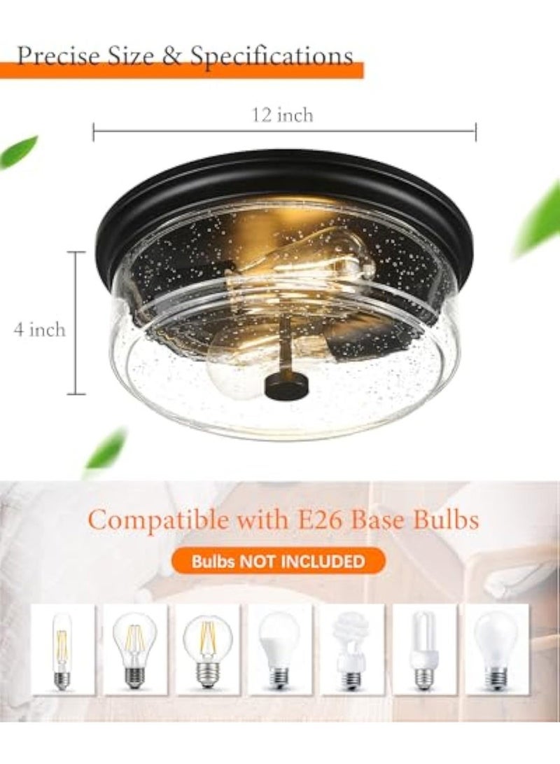 Arabest Ceiling Light, 12 Inch 2-Light Industrial Farmhouse Ceiling Light Fixture with Seeded Glass Shade, Flush Mount Light for Kitchen, Hallway, Entryway, Bedroom - Image 3