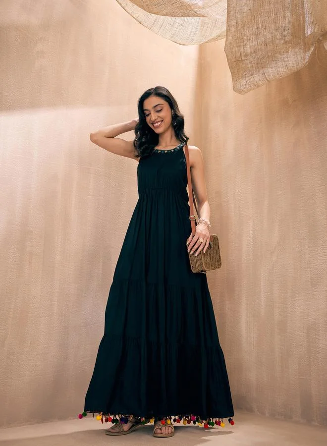 SASSAFRAS Embroidered Neckline Pom-Pom Detail Tiered Maxi Dress by Styli