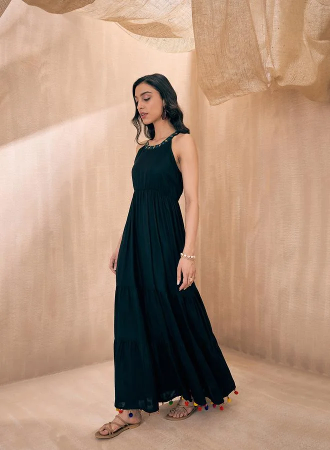 SASSAFRAS Embroidered Neckline Pom-Pom Detail Tiered Maxi Dress by Styli
