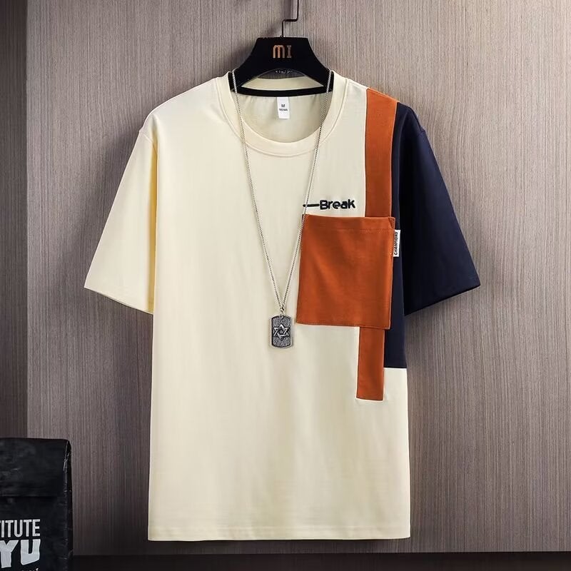 2025 Summer Round Neck Trendy Brand Men'S Half-Sleeved Top New Round Neck Loose T-Shirt Summer Contrast Color Short-Sleeved T-Shirt - Image 3