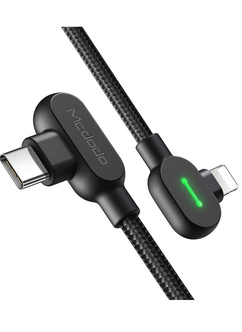 Mcdodo - Type C to Phone 14 Pro Max/14 90 Degree Double Elbows LED Gaming 36W PD Fast Charge Cord Nylon Braided Sync Charge USB Data 6FT Cable Compatible New Phone List Below (Black, 6FT/1.8M) - Image 1