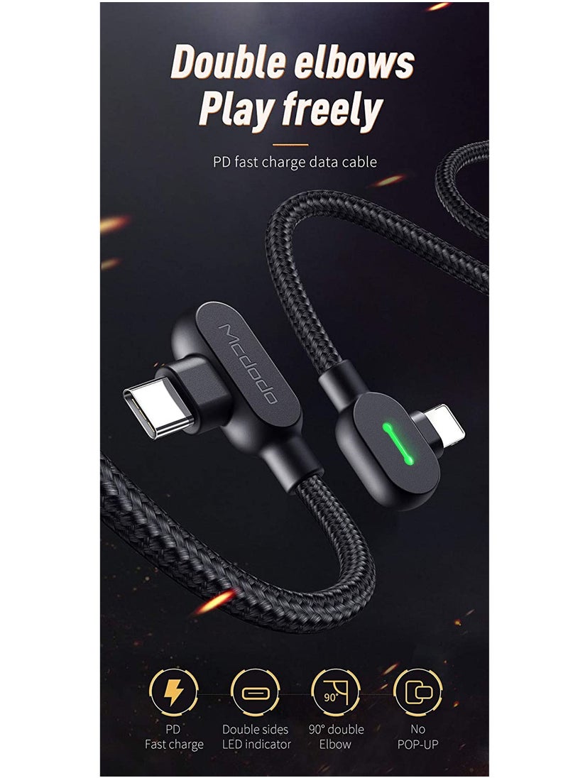 Mcdodo - Type C to Phone 14 Pro Max/14 90 Degree Double Elbows LED Gaming 36W PD Fast Charge Cord Nylon Braided Sync Charge USB Data 6FT Cable Compatible New Phone List Below (Black, 6FT/1.8M) - Image 1