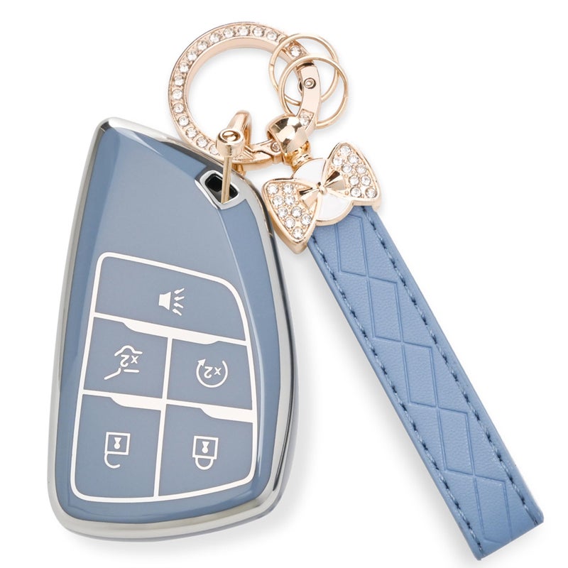 JAMCARI for Chevy Key Fob Cover - Soft TPU Protection Case with Keychain for 2021-2025 Chevy Suburban Tahoe GMC Yukon Denali Silverado Buick Enclave Smart Remote Key Shell ï¼ˆ5 Buttons Blueï¼‰ - Image 1