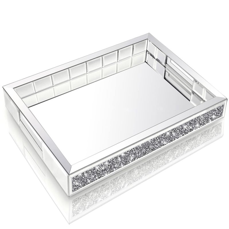 Wocred Mirror Jewelry Organizer fits Dresser BedroomCrushed Diamond Bathroom Tray with HandlesPerfume TrayDecorative Serving Tray for Coffee Table Decor11x15x2