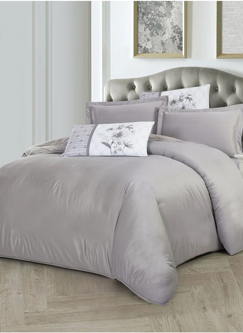 Donetella Duvet Set 6-Pcs King Size Striped Microfiber Bed Set With 1 Duvet Cover(220 X 240 CM) 1 Fitted Sheet 2 PillowSham And 2 Digital Printed Pillowcases(Without Filler),Silver Grey