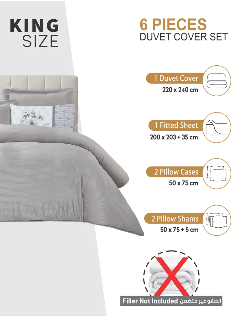 Donetella Duvet Set 6-Pcs King Size Striped Microfiber Bed Set With 1 Duvet Cover(220 X 240 CM) 1 Fitted Sheet 2 PillowSham And 2 Digital Printed Pillowcases(Without Filler),Silver Grey