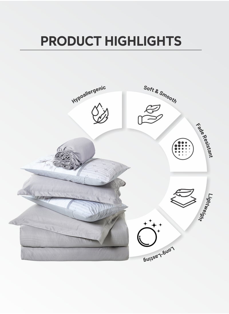 Donetella Duvet Set 6-Pcs King Size Striped Microfiber Bed Set With 1 Duvet Cover(220 X 240 CM) 1 Fitted Sheet 2 PillowSham And 2 Digital Printed Pillowcases(Without Filler),Silver Grey  - Image 5