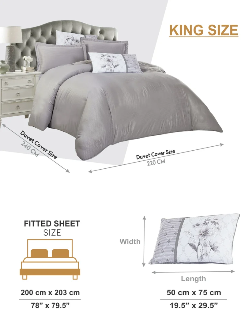 دوناتيلا طقم لحاف 6 قطع مقاس كينج مخطط مايكروفايبر مع غطاء لحاف 220x240 سم، شرشف ملاءة، 2 كيس مخدة و 2 كيس مخدة مطبوع ديجيتال (بدون حشو)، فضي رمادي