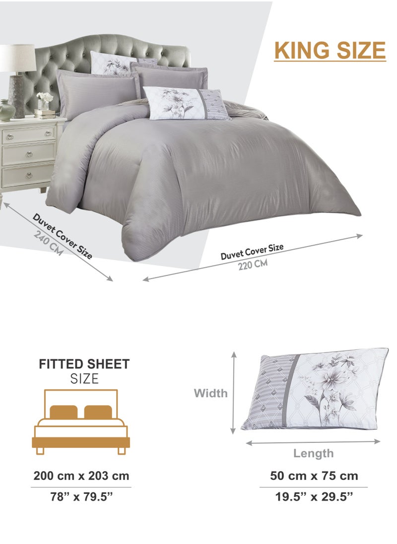 Donetella Duvet Set 6-Pcs King Size Striped Microfiber Bed Set With 1 Duvet Cover(220 X 240 CM) 1 Fitted Sheet 2 PillowSham And 2 Digital Printed Pillowcases(Without Filler),Silver Grey  - Image 3