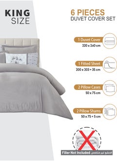 Donetella Duvet Set 6-Pcs King Size Striped Microfiber Bed Set With 1 Duvet Cover(220 X 240 CM) 1 Fitted Sheet 2 PillowSham And 2 Digital Printed Pillowcases(Without Filler),Silver Grey  - Image 2