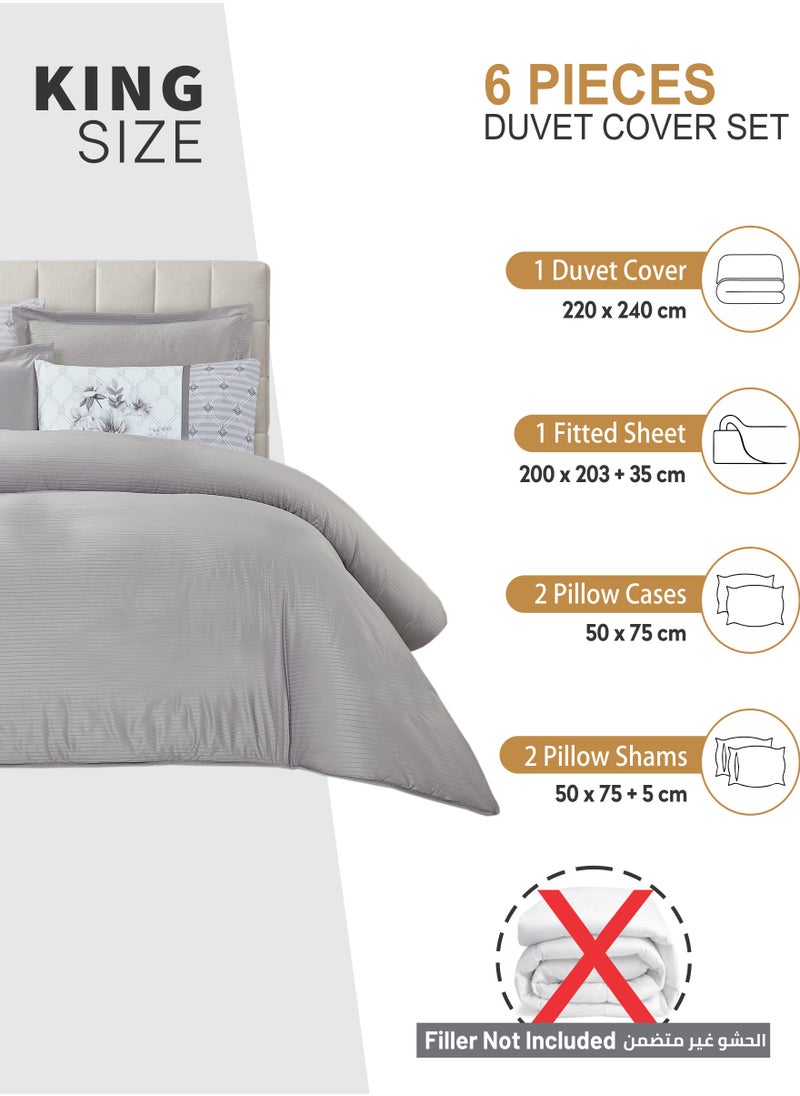Donetella Duvet Set 6-Pcs King Size Striped Microfiber Bed Set With 1 Duvet Cover(220 X 240 CM) 1 Fitted Sheet 2 PillowSham And 2 Digital Printed Pillowcases(Without Filler),Silver Grey  - Image 2