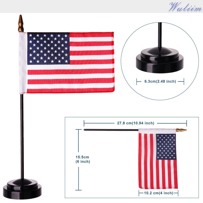 Wuliim Premiun USA Desk Flag Set - 4 x 6 inch Miniature American Desktop Flag with 12" Solid Pole, Black Base and Spear Top | Mini US American Office Table Flags - Vivid Color and Fade Resistant - Image 4