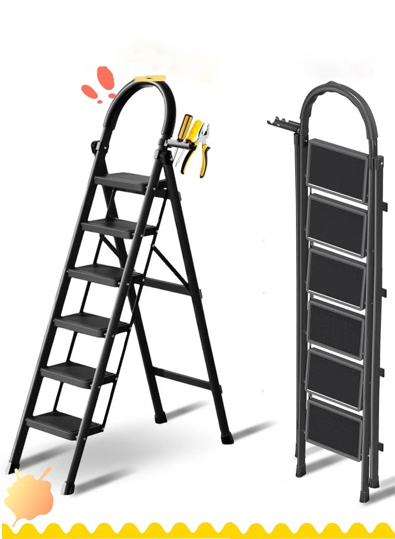 HOMESTAR Sturdy 6-Step Folding Ladder with Tool Holder, Anti-Slip Pedal, Portable Iron Step Stool for Kitchen, Household, Indoor & Outdoor Use  - Image 1