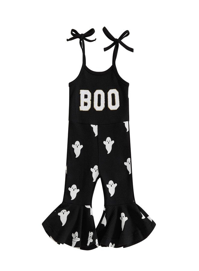 Ayalinggo Baby Girl Halloween Outfit Boo Ribbed Toddler Romper Overalls Jumpsuit Spaghetti Strap Ghost Bell Bottoms Outfits (Black Boo, 0-6 Months) - Image 1